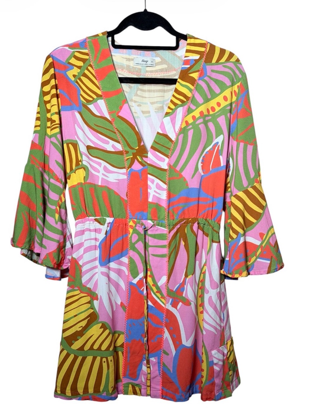 Maaji Joy Caftan Mini Dress Swim Cover Tropical Print Bell Sleeve Size Medium - Picture 4 of 11